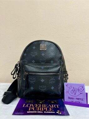 MCM Black Leather Monogram Mini Backpack with Stud Details